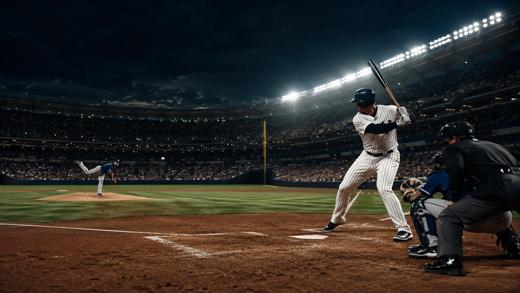 Night baseball game at home plate with batter, pitcher and crowd