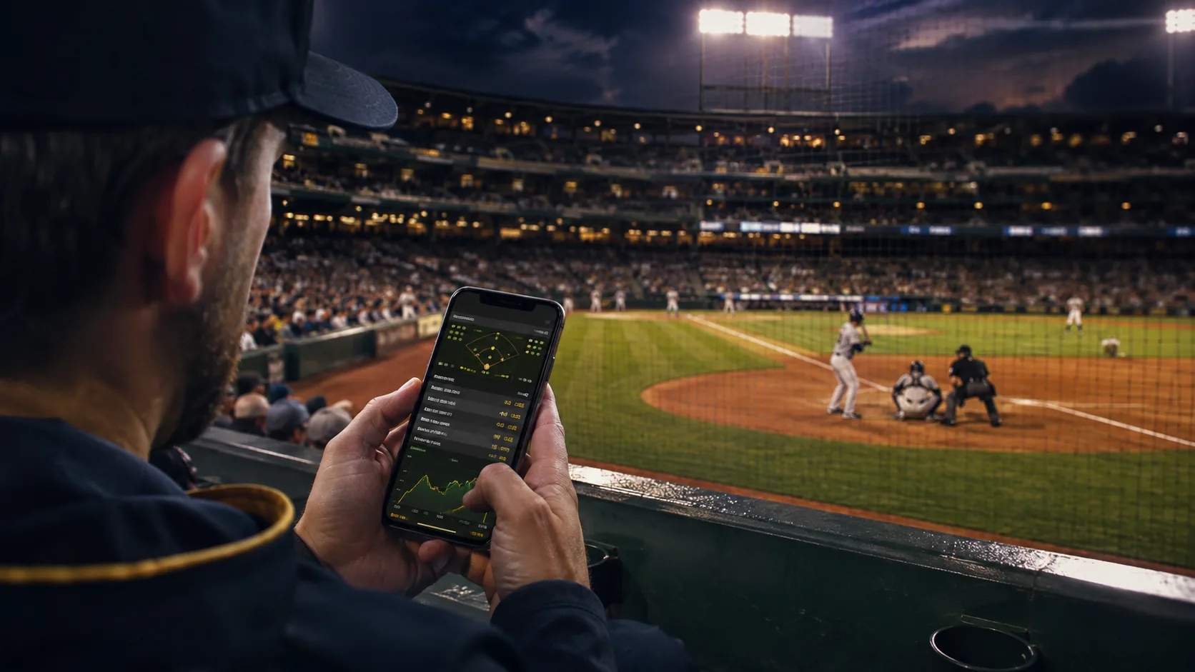 Sports fan checking live baseball betting odds on a smartphone at the stadium