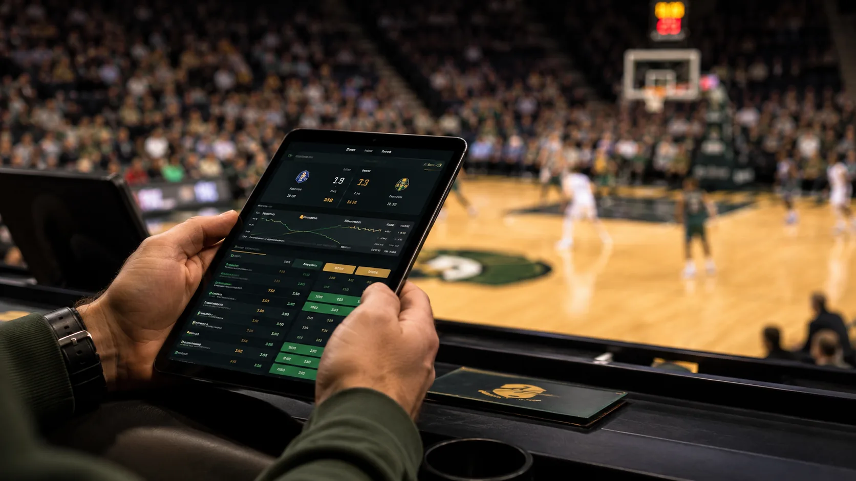 Tablet showing live basketball betting odds from courtside seats