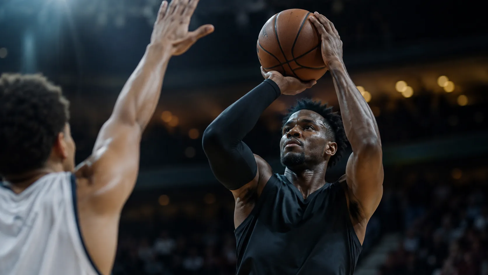 Basketball player taking a contested jump shot under arena lights