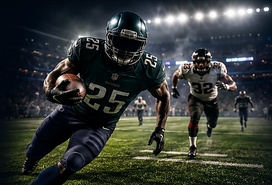 NFL running back carrying the football under stadium lights