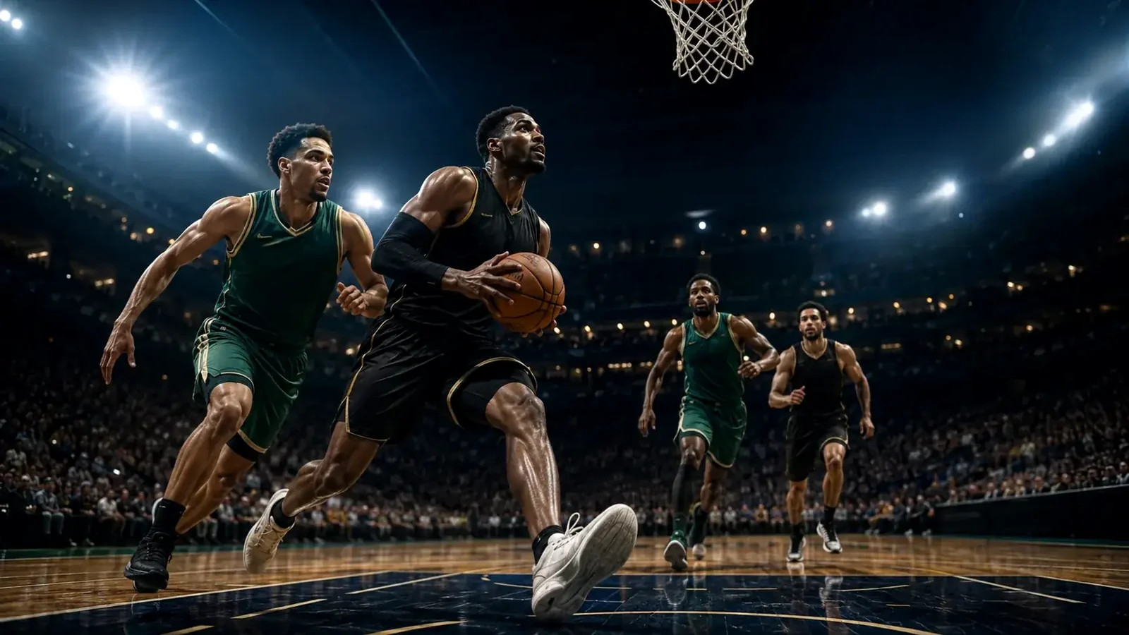 Jogada de basquete em arena para guia de apostas